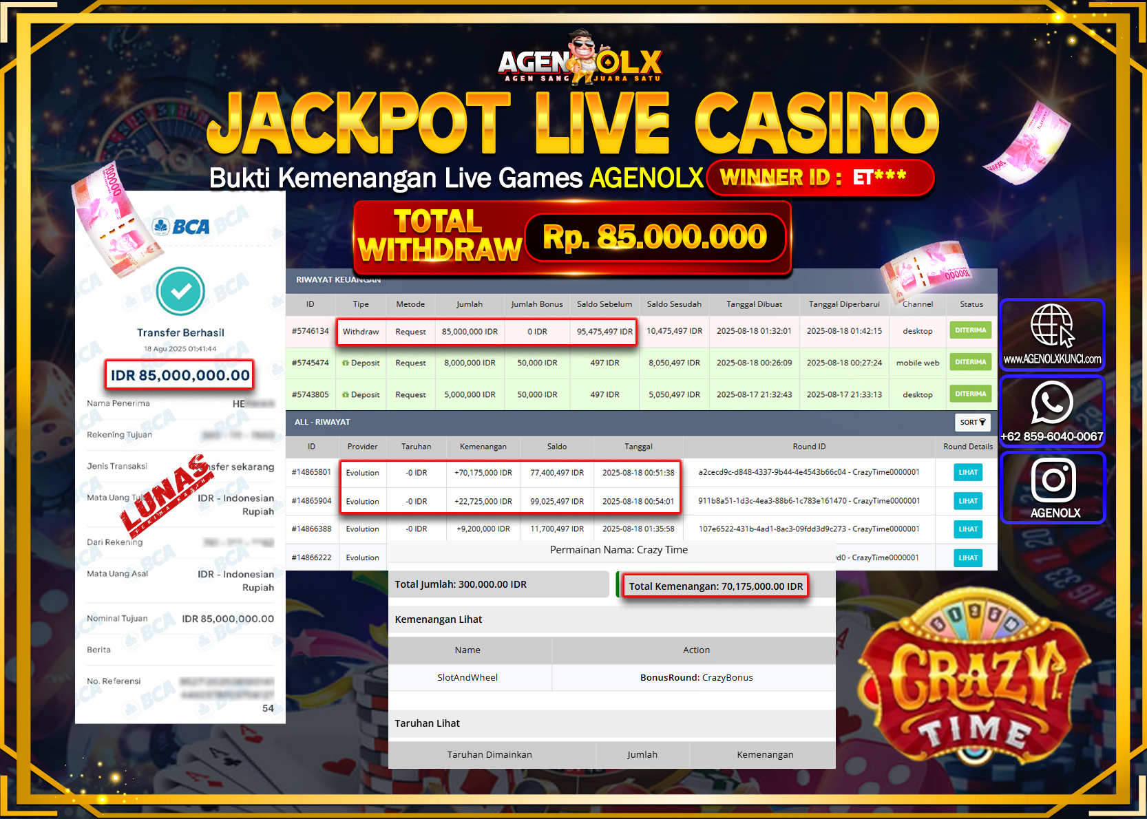 AGENOLX LIVE CASINO  Rp 85,000,000,- LUNAS