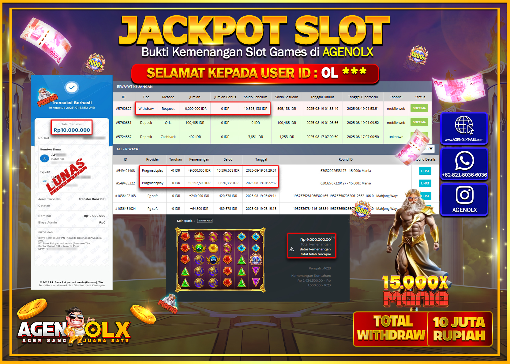AGENOLX JACKPOT  SLOT 15000x MANIA Rp 10,000,000,- LUNAS