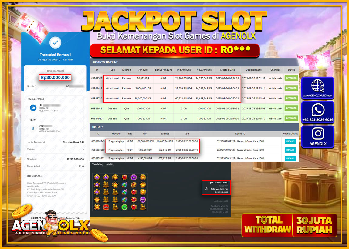 AGENOLX JACKPOT SLOT Rp 30,000,000,- LUNAS